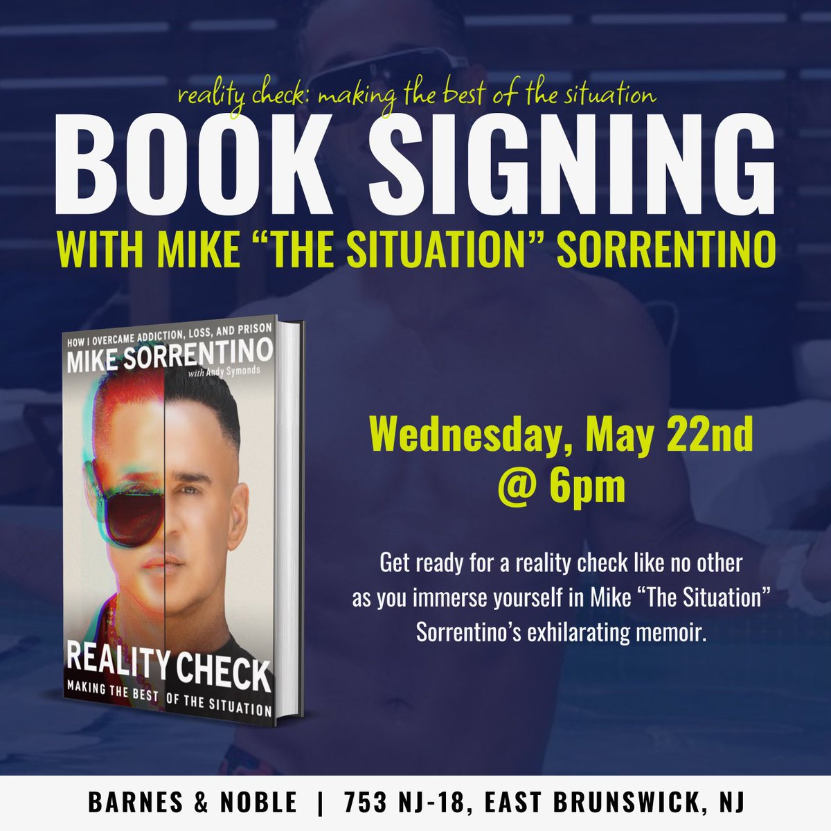 All Jersey Shore fans report to @BNEastBrunswick this Wednesday for a Reality Check book signing📚😎
We have a Situation‼️

Ticket 🎫 Info:

stores.barnesandnoble.com/event/97800621…

Excited to meet you all 📚