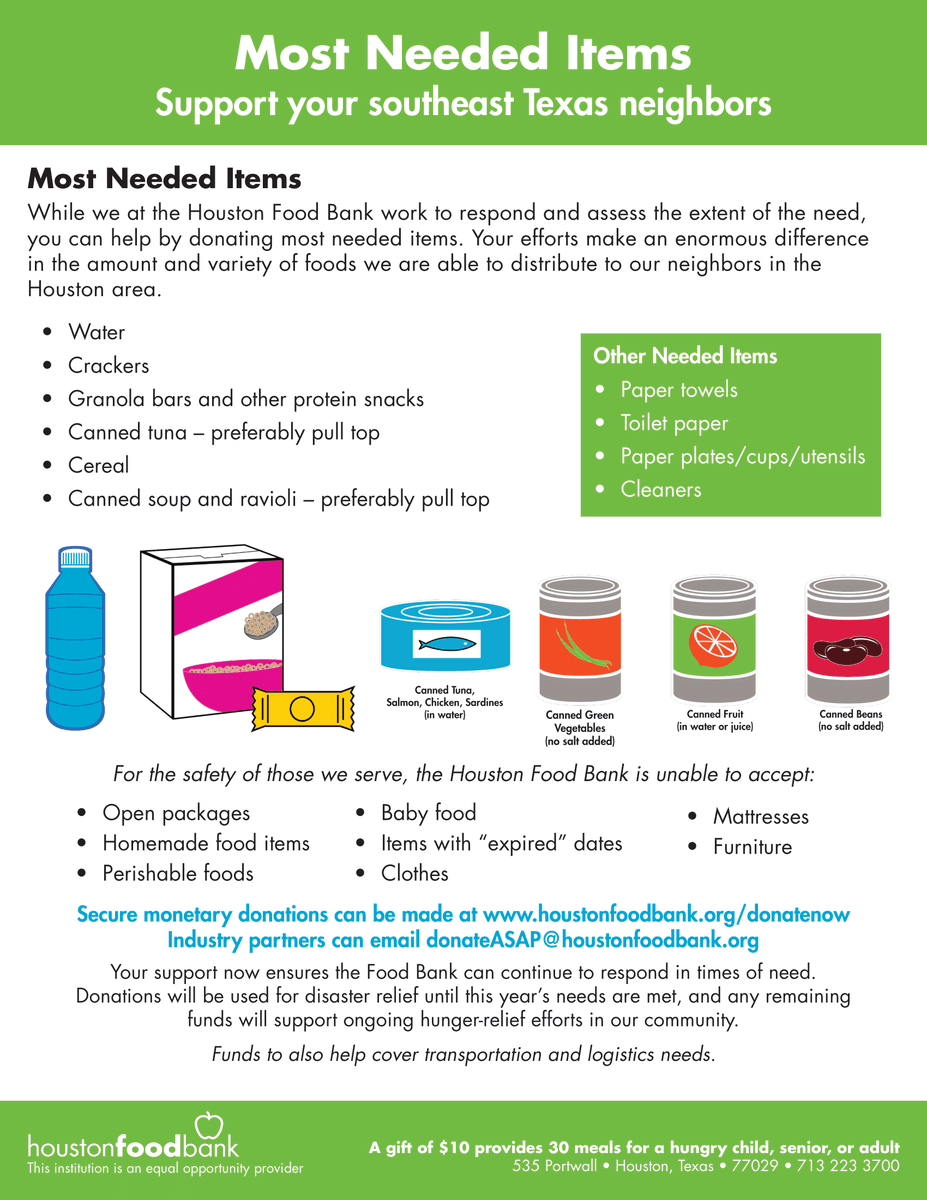 ReadyHarris's tweet photo. Looking for a way to help your neighbors? Check out this list of most needed items from @HoustonFoodBank https://t.co/YsJmc6MqU2