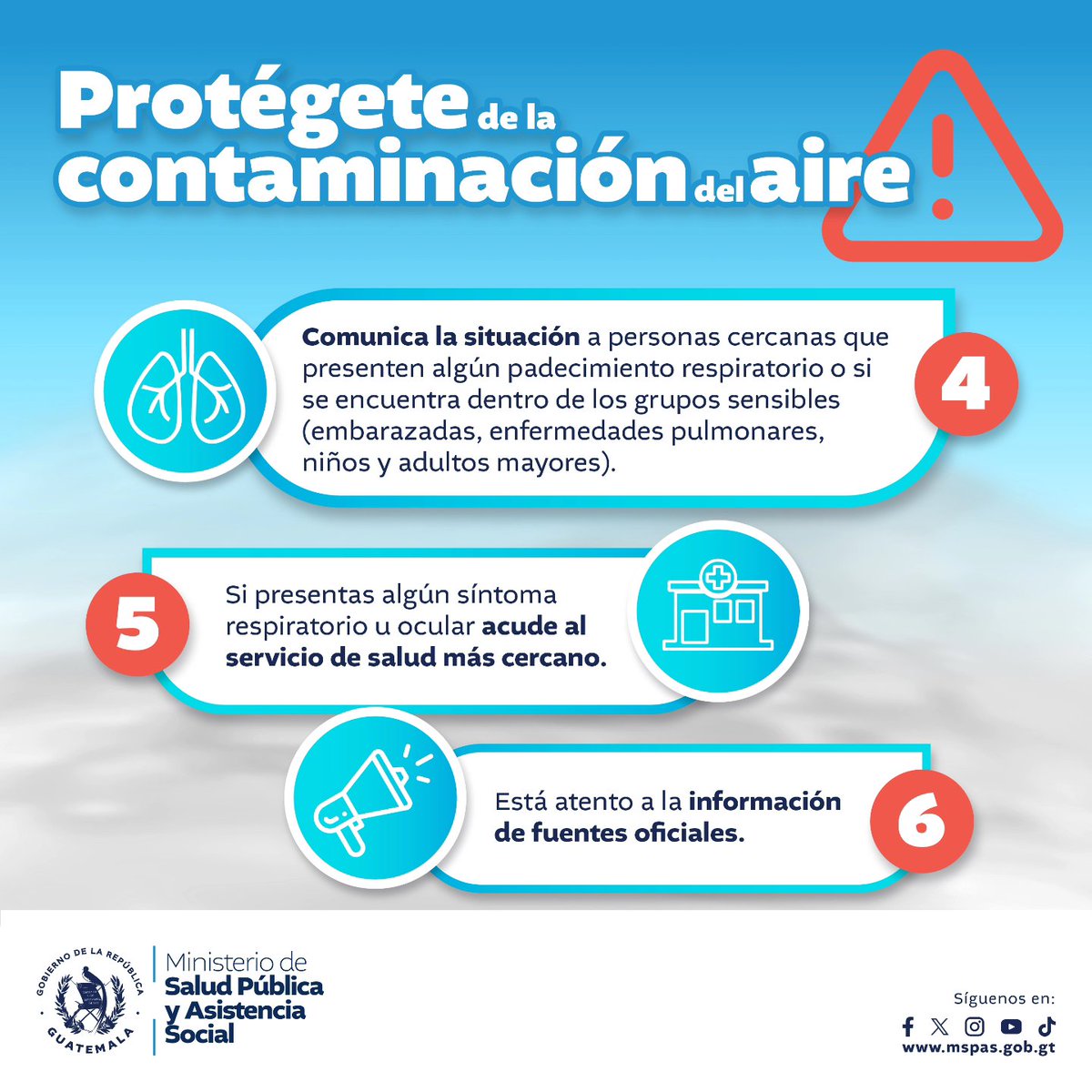 🌬️ ¡Atención, Guatemala! 🌬️Según el monitoreo de calidad del aire en la Ciudad de Guatemala, estamos experimentando niveles de contaminación peligrosos. 🚨 Con valores de ICA en la categoría “PELIGROSA”, es fundamental proteger nuestra salud. Sigue nuestras recomendaciones👇🏻 ⚠️