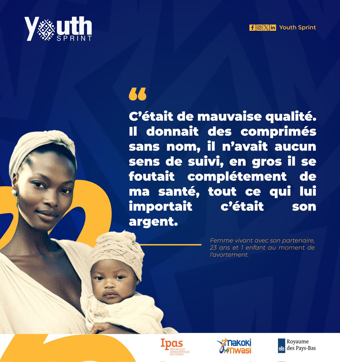 6/10 femmes rapportent des complications graves à la suite des #avortements_clandestins: fièvre, pertes vaginales ou complications nécessitant une chirurgie(PMA RDC). @YouthSprint milite pour prévenir les grossesses non désirées et améliorer l'accès à l'#avortement_sécurisé.