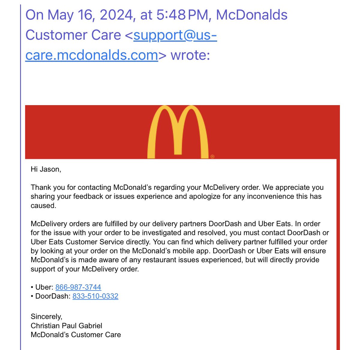 USA_Access4All's tweet photo. @McDonalds So @McDonalds takes my money, fails to provide my order, then tells me to contact another company to get my money back……that’s a new one https://t.co/xuFzpKHofe