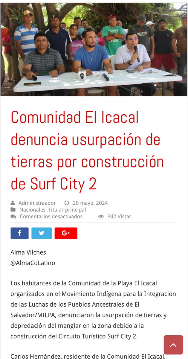 HerbertAnaya26's tweet photo. Habitantes de la Comunidad de la Playa El Icacal organizados en el Movimiento Indígena para la Integración de las Luchas de los Pueblos Ancestrales de El Salvador @MILPAelsalvador, denunciaron la usurpación de tierras y depredación del manglar debido a la construcción #SurfCityII https://t.co/ETF776BPVa