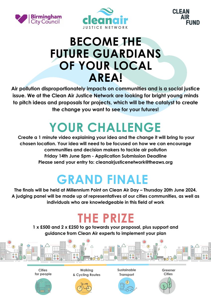 💨Air pollution disproportionately impacts on communities & is a social justice issue 🌬 Inspired by Clean Air Day on 20/06, we are looking for bright young minds to pitch proposals for projects 💡 These ideas could be the catalyst to the change you want to see for your futures!