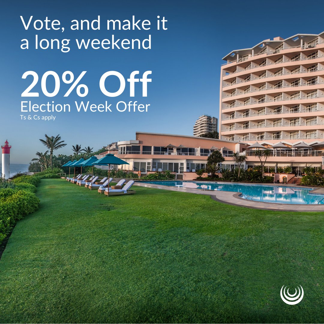 SouthernSunGrp's tweet photo. Election season can be hectic, enjoy a well-deserved getaway with 20% at select Southern Sun hotels from 24 May to 2 June.
Book Now https://t.co/IMd0YI092U. T’s &amp; C’s apply.
#LongWeekendGetaway #SouthernSun https://t.co/BkKgK6JzAq