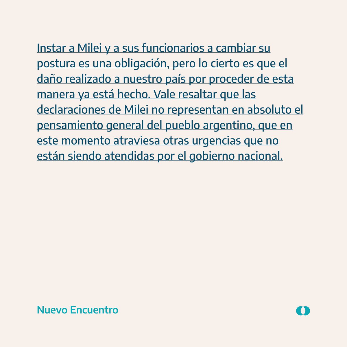NuevoEncuentro_'s tweet photo. 🔹📢 #Comunicado de la Mesa Nacional de Nuevo Encuentro: La "política internacional" de Milei pone en riesgo la Nación. https://t.co/0T7twDhOGL