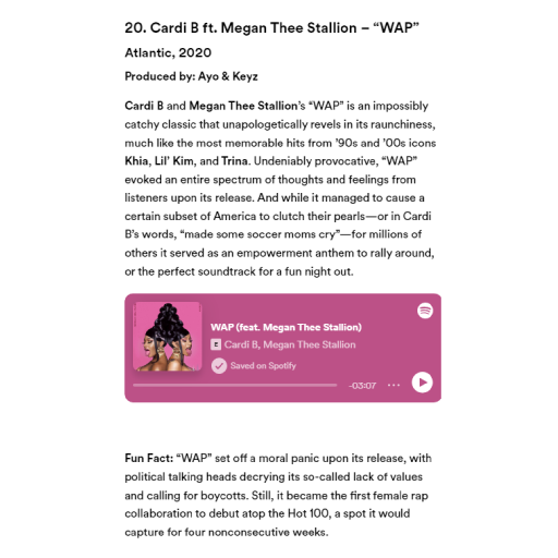 MegansCharts's tweet photo. Spotify names Cardi B & Megan Thee Stallion's "WAP" as the 20th greatest hip-hop song of the streaming era. #SpotifyCLASSICS
— "Cardi B and Megan Thee Stallion’s “WAP” is an impossibly catchy classic that unapologetically revels in its raunchiness" https://t.co/jnXaWjvDqB