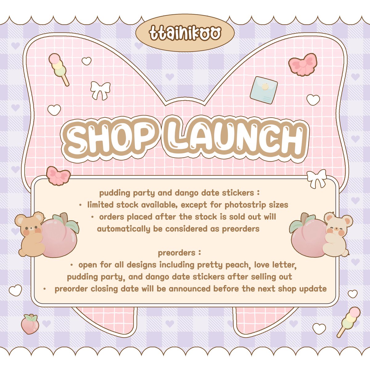 ⌗ 𝒔𝒉𝒐𝒑 𝒍𝒂𝒖𝒏𝒄𝒉 ! ☁️ ⁺˖ ⸝⸝

aaa finally ttainikoo will be launching in less than 48 hours! im soso excited to bring in all the new sticker designs for this launch and i hope you are too ₊˚⋅

⌗ ph art stationery shop sticker washi designs deco polco 실쓰 다꾸