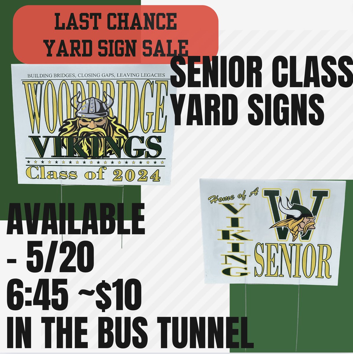 LAST CHANCE Yard Sign Sale
Senior Yard Signs will be available from 6:45pm - 7:45pm today. It will be the final day of sales of signs and stoles. Signs will be available in the bus tunnel on the student lot side.