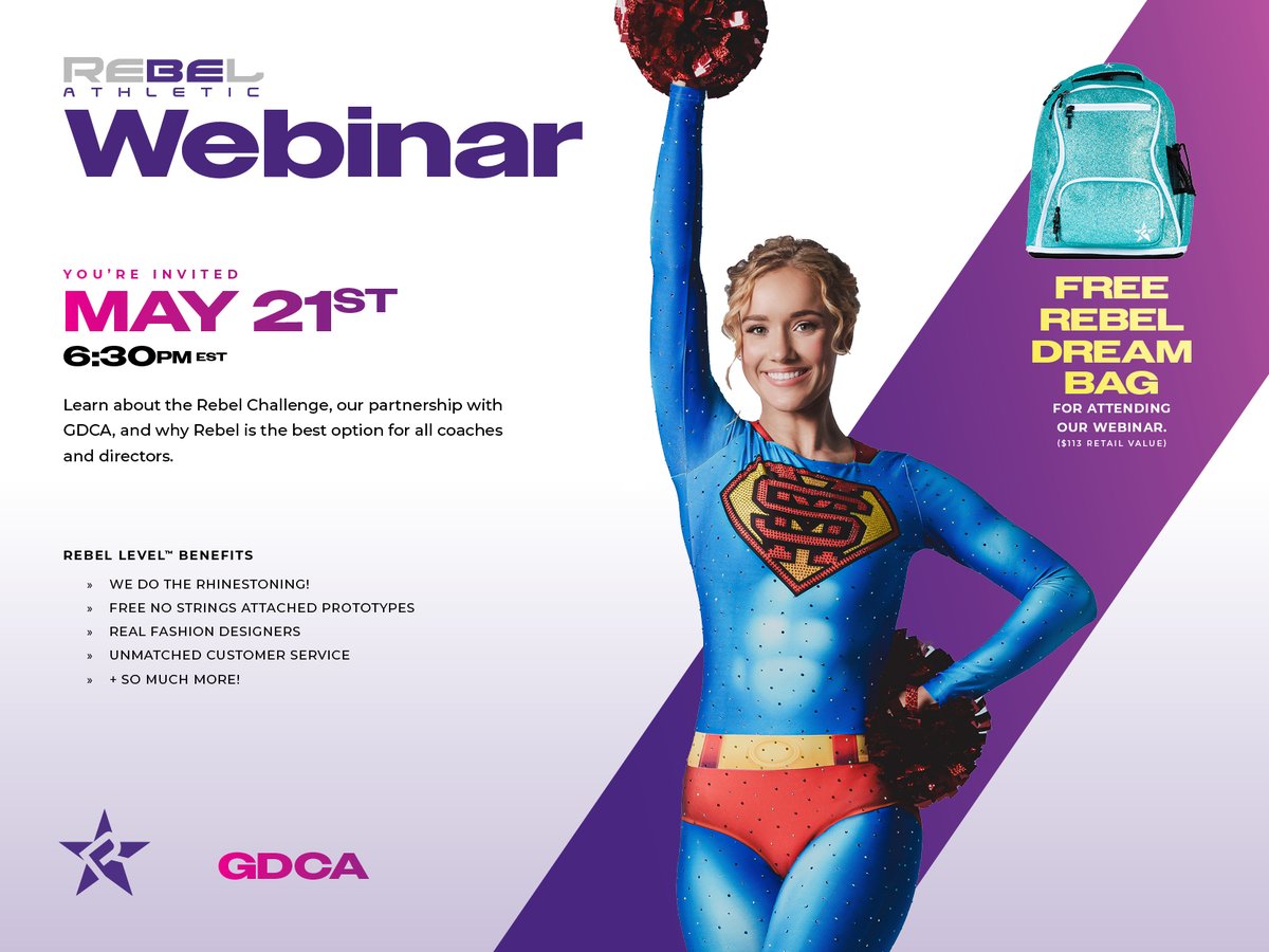 FREE DANCE ARTWORK! FREE DANCE PROTO! FREE DREAM BAG! Please join us and our partners at Rebel Athletic for an informative webinar on all things dance! Attendees will receive a FREE Rebel Dream Bag of their choice (exclusions apply) Register at: bit.ly/3yhF41c