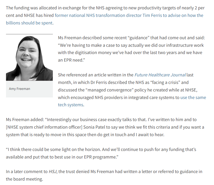 ncarding's tweet photo. CIO of a hospital told her board she'd written to @NHSEngland about funding for a new EPR...

..only for the trust to then deny this happened despite it being said at a meeting in public. 

Bizarre from @UHNM_NHS.  

Anyone else aware of this "guidance"? 

https://t.co/RvvajXAhyL https://t.co/MuJpz7dllV
