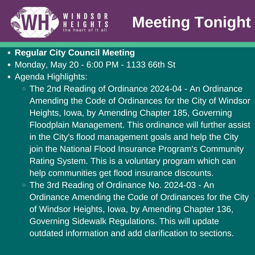Join us tonight Monday, May 20 at 6PM for the next City Council Meeting in the City Council Chambers at 1133 66th St or Zoom. View the full agenda and Zoom links at windsorheights.org/786/Agenda-Cen…