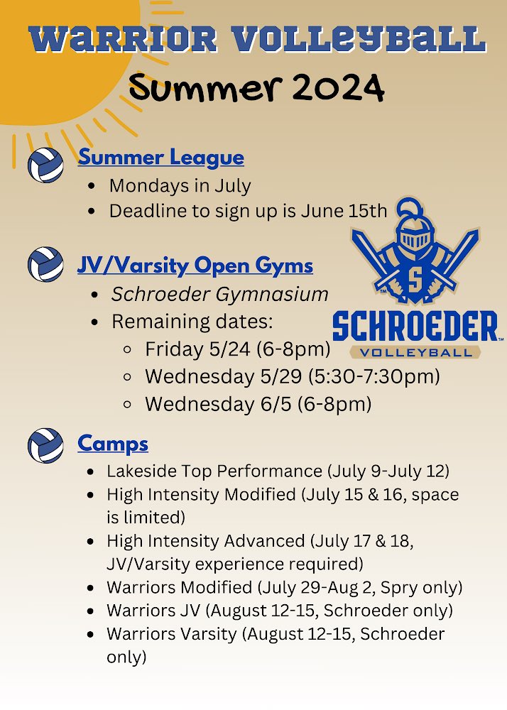 ☀️Warrior Volleyball Summer 2024☀️

Plenty of ways to stay sharp for the upcoming fall! 

🏐 Summer League - Mondays in July (sign up by June 15th)
🏐Open Gyms - 3 dates left!
🏐Camps - So many offerings! Get those touches in! 

#WarriorStrong⚔️💙💛