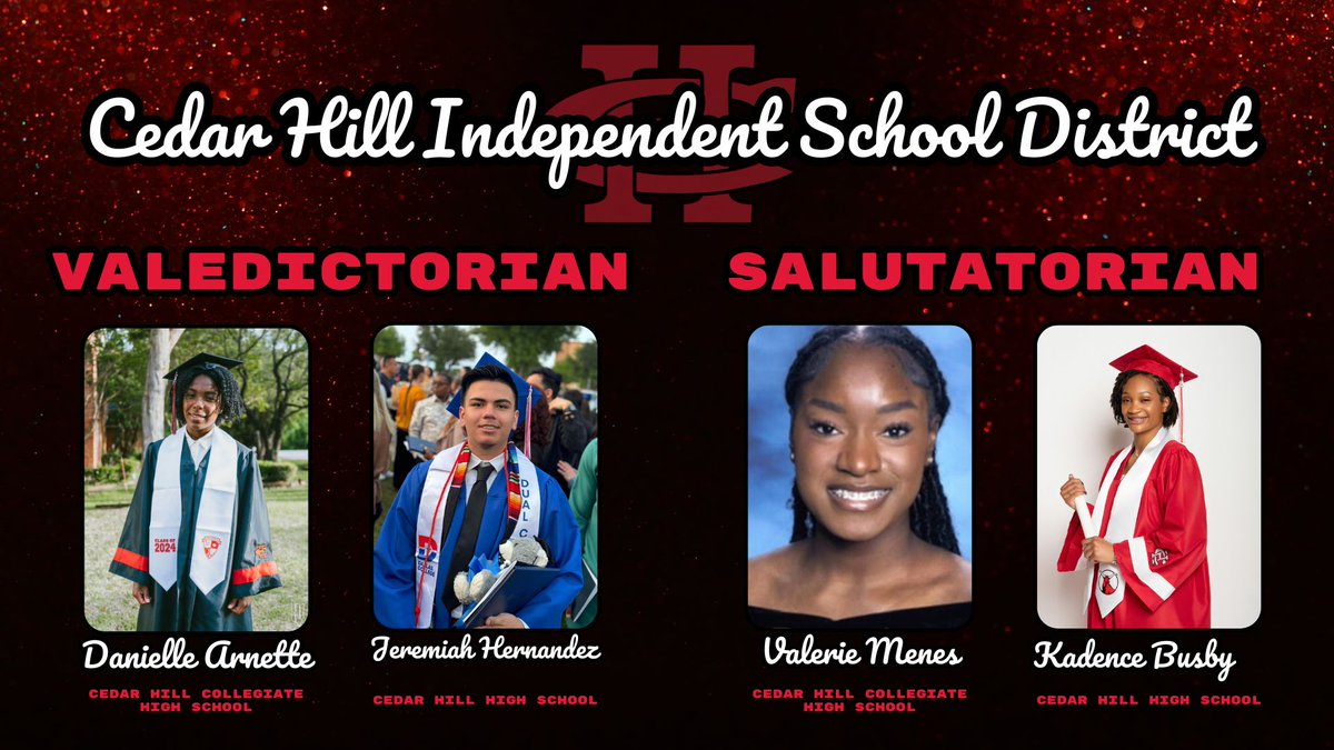 Cedar Hill High School &amp; Collegiate High School announced their Valedictorians &amp; Salutatorians recently! <a href="/jdedmun/">John Edmun</a> @principaljoffre @lowetyesha <a href="/geraldhudson/">Dr. Gerald B. Hudson</a> <a href="/SMU/">SMU</a> <a href="/UTArlington/">The University of Texas at Arlington</a> <a href="/RiceUniversity/">Rice University</a> <a href="/du1869/">Dillard University</a>

ow.ly/5zUr50RNmtI