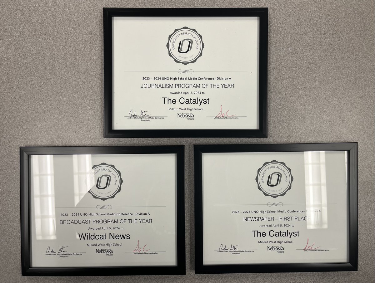 .@MWHSWildcats Journalism was named the 2023-2024 Journalism Program of the Year, 2023-2024 Broadcast Program of the Year & 1st Place Newspaper (Catalyst) by the University of Nebraska Omaha - a repeat from last year and the 5th time since 2018 when MW was the 1st to receive.