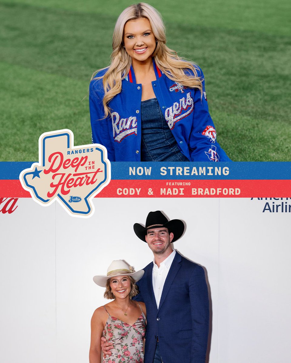 New episode of @Rangers Deep in the Heart Presented by @justinboots is out now! Hear from the Bradfords on their ironic 'meet cute' involving a printer, Cody's HS valedictorian speech, their favorite spots near @Baylor and we play the newly-wed game! 📺: youtube.com/watch?v=K1elEt…