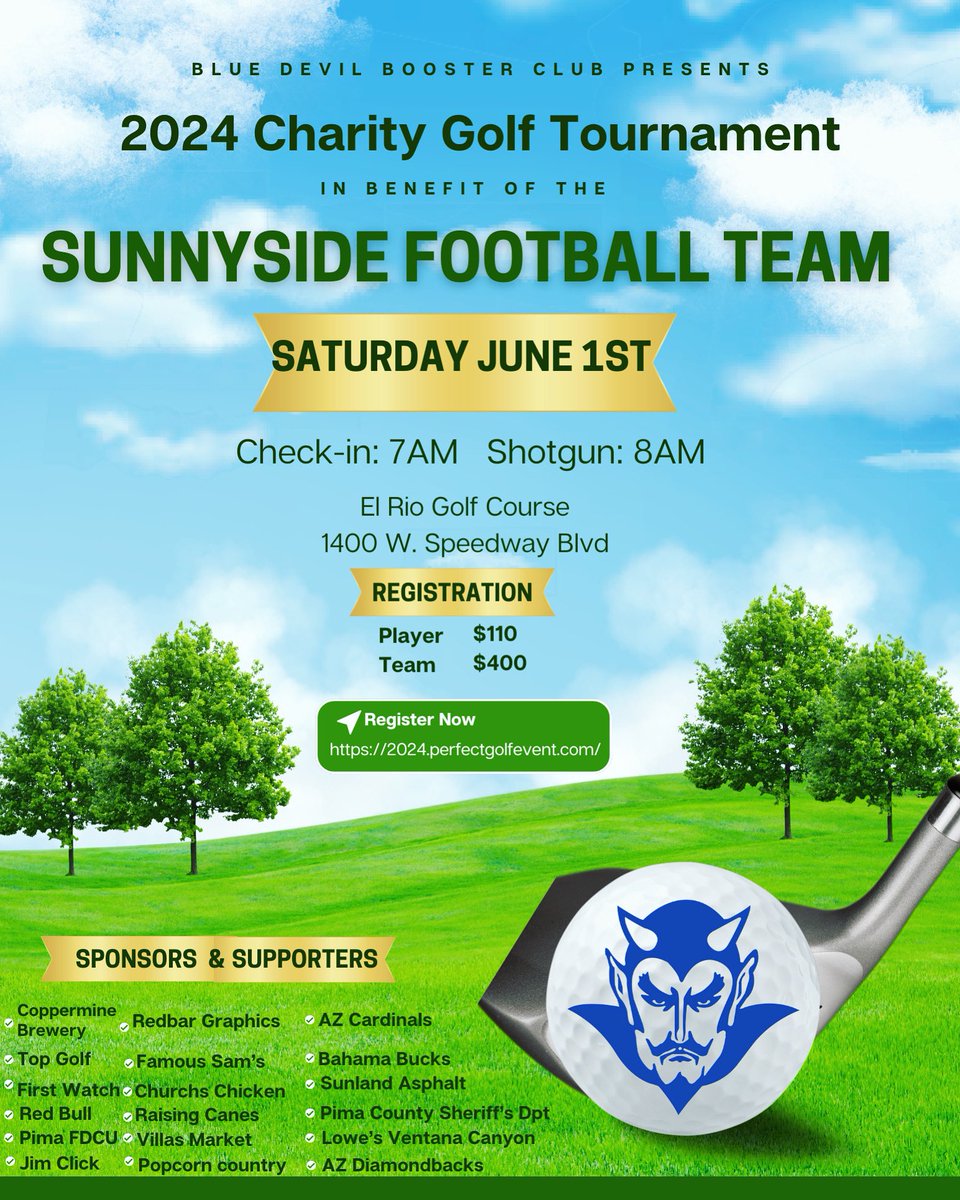 bluedevil_boost's tweet photo. SUNNYSIDE FOOTBALL TEAM
golf tournament.
Breakfast provided by First Watch
Energy fueled by Red Bull
Lunch provided by El Rio
Swag bag will be given to every player
Raffles and games provided by all of our sponsors listed on this post.
#sshs #bluedevilfootball #bluedevilpride https://t.co/GyQFo6nsol