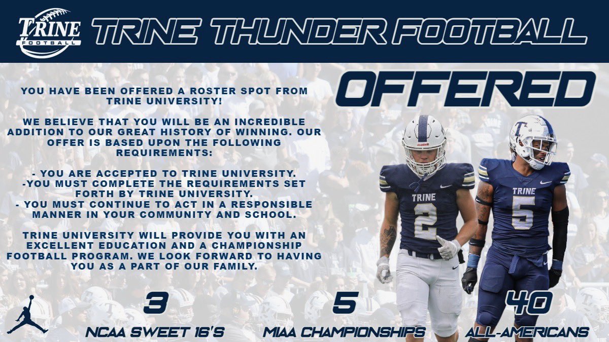 After an amazing camp and conversation with @CoachRRiley, I am more than grateful to receive my first offer to continue my collegiate football journey at @TrineThunderFB. @PHSPanthersFB