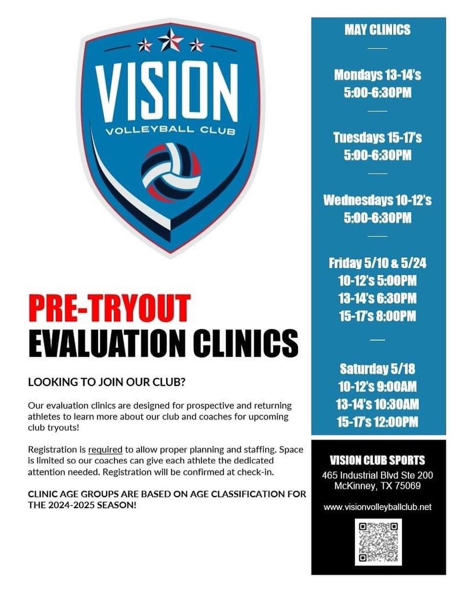 This is our last week of May Tryout Evaluations - we still have spots available. We recommend emailing the coaches directly to confirm team specific openings. Come check us out! Coach emails ↙ visionvolleyballclub.net/coaches Get registered here! ↙ visionvolleyballclub.net/evaluations