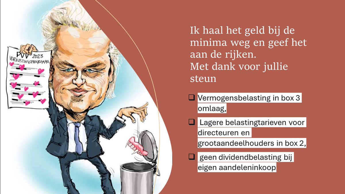 De Henk en Ingrid die op de PVV van Geert Wilders stemden en een minimuminkomen verdienen zijn blij dat de verhoging van het minimuminkomen niet doorgaat. Ze zijn verheugd dat ze kunnen bijdragen de rijken nog rijker te maken. Bedank. Getekend. Geert Wilders en de vermogenden.