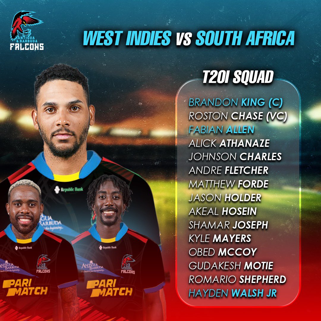 Sending our best wishes to Brandon King, Fabian Allen, Hayden Walsh, and the entire West Indies squad as they take on South Africa in the T20I series.

@windiescricket 

#AntiguaAndBarbudaFalcons #MenInMaroon