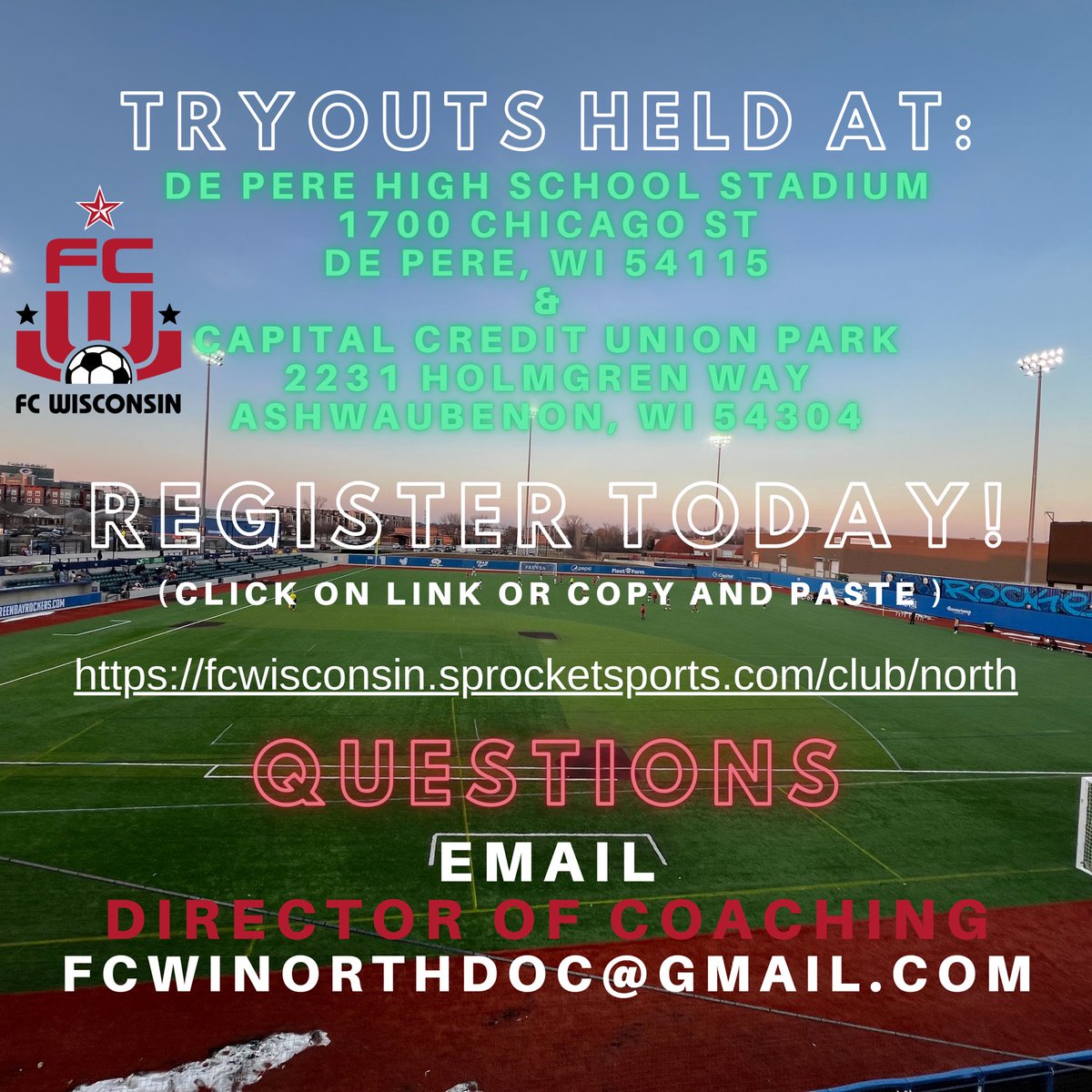 ￼
📣Tryouts for 2024-25 📣Check out North &amp; our Player Development Model focused on Long Term Development!  We are a Training Club with a clear development process &amp; a college pathway program! Click on the link below or copy &amp; paste to register today:  fcwisconsin.sprocketsports.com/club/north