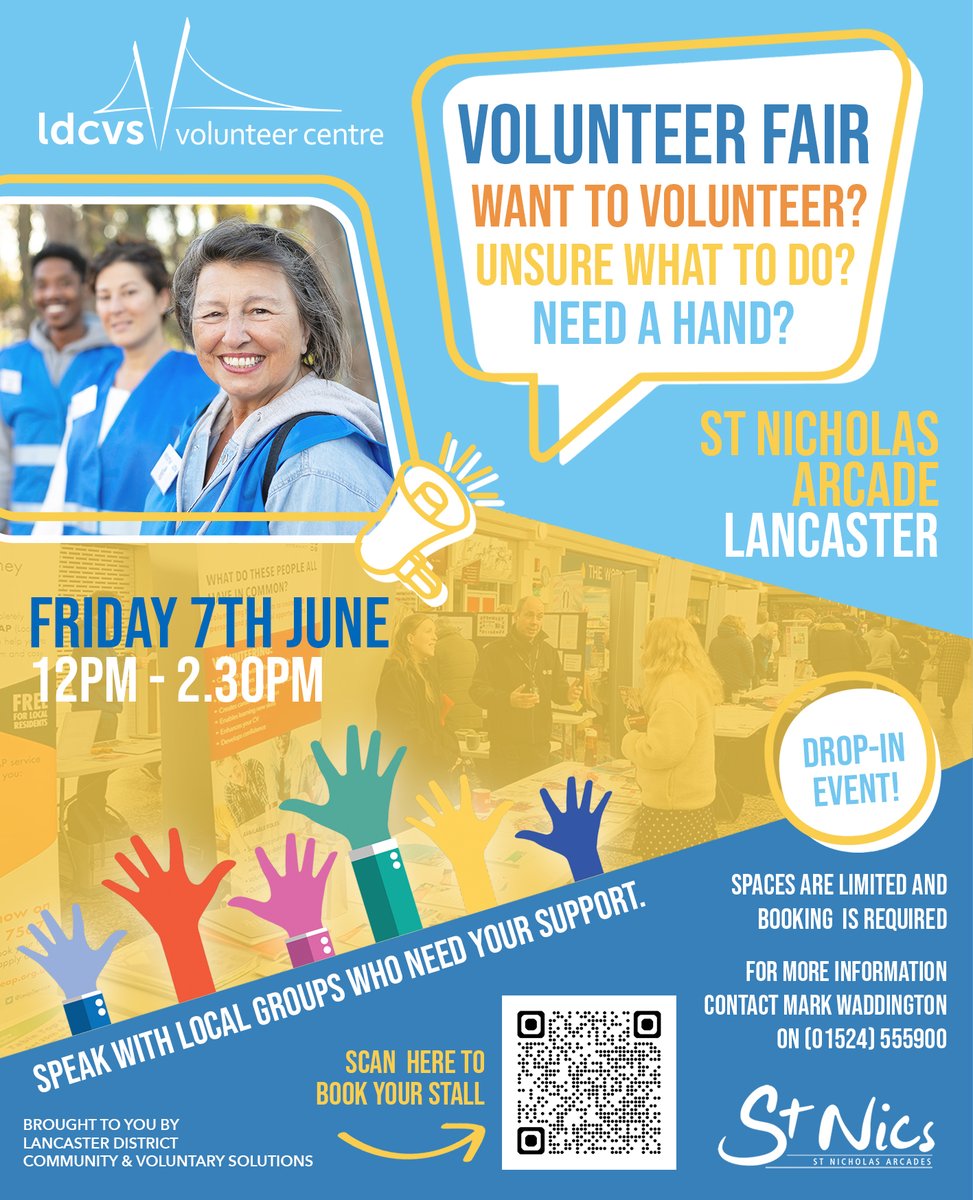 📢 VOLUNTEER RECRUITMENT EVENT! Join us on 7 June, 12-2:30 pm at St. Nicholas Arcade, #Lancaster. Explore roles, meet inspiring organisations, and make a positive impact. #Volunteering builds skills, networks, and well-being 🫶 Book your stall here: tinyurl.com/4eum8cz4
