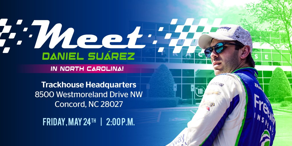 Meet NASCAR driver @daniel_suarezg on Friday, May 24th at 2pm at the @TeamTrackhouse headquarters in Concord, NC! Join us for music, giveaways, raffle prizes, and more. We hope to see you there! Event page: facebook.com/events/6615662… #SuarezAndFreeway #MeetAndGreet...