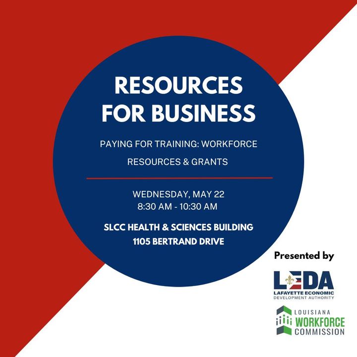 Join us this Wednesday for Resource for Business with Lafayette Economic Development Authority (LEDA) on May 22 from 8:30 AM - 10:30 AM. Click here to reserve your spot: bit.ly/4aaXfmx #LouisianaWorks #LAWorks