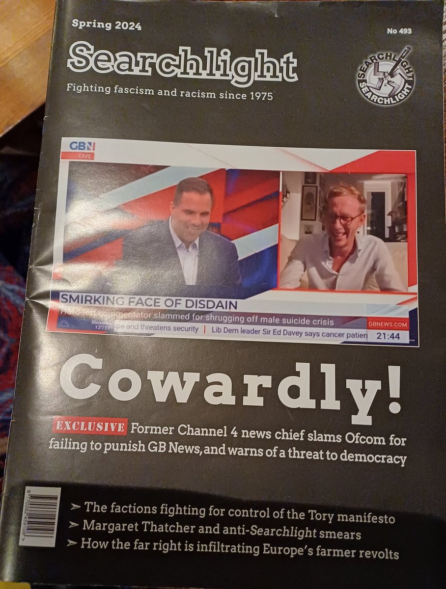 Re <a href="/Ofcom/">Ofcom</a> &amp; <a href="/GBNEWS/">GB News</a> today,
Read <a href="/Searchlight_mag/">@Searchlightmagazine</a> for ex <a href="/Channel4News/">Channel 4 News</a> chief's excellent views on why this matters. 
<a href="/AntiRacismDay/">Stand Up To Racism</a>