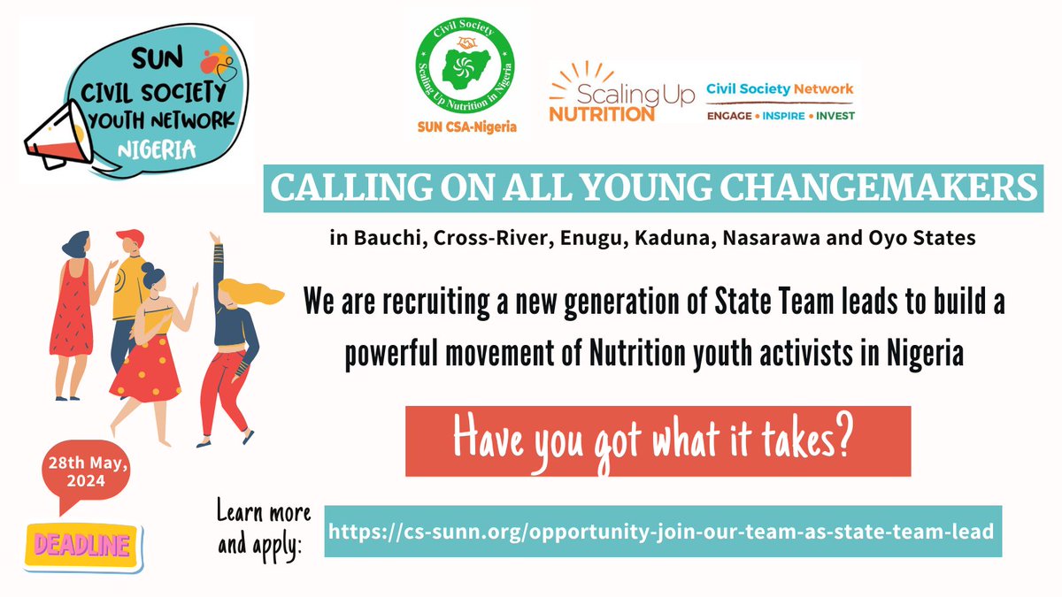 CALLING ON ALL YOUNG CHANGE MAKERS in Bauchi, Cross-River, Enugu, Kaduna, Nasarawa and Oyo States. Do you have what it takes to be part of our movement as a State Team Lead? Learn more and apply: drive.google.com/file/d/1xhd-9H…