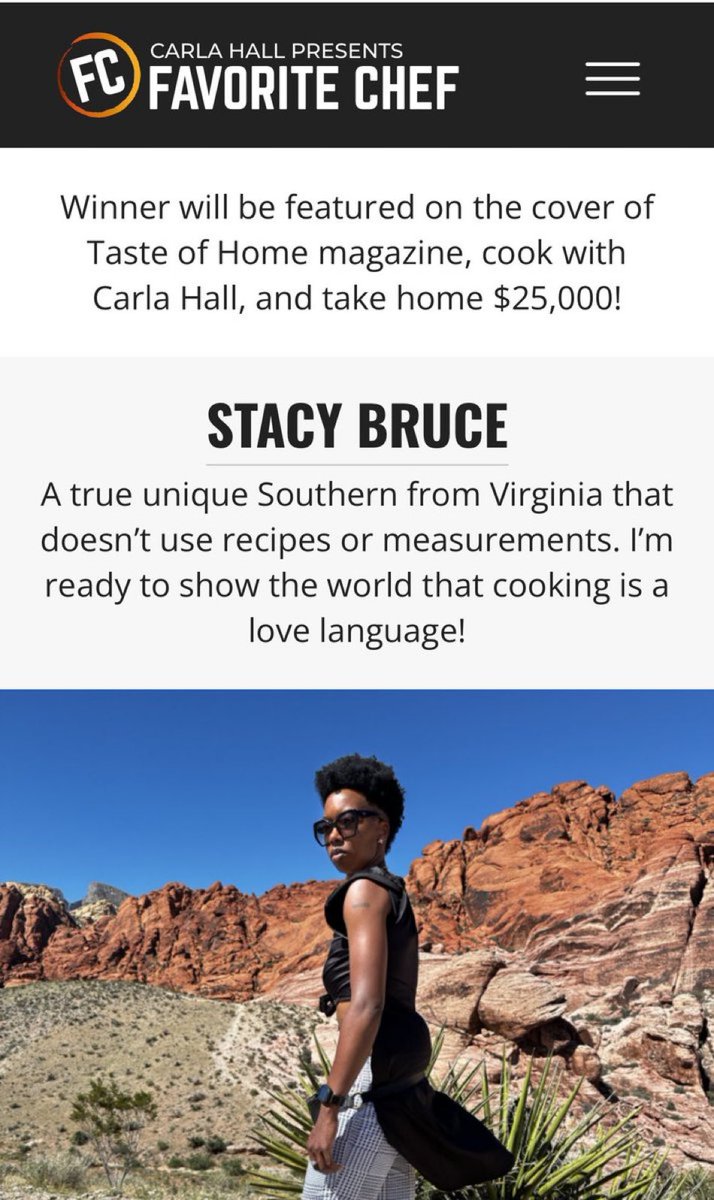 𝐍𝐞𝐯𝐞𝐫 𝐋𝐢𝐦𝐢𝐭 𝐘𝐨𝐮𝐫𝐬𝐞𝐥𝐟… I’m just here for the vibes! 👩🏾‍🍳 

Help me be on the cover of Taste of Home by casting (1) 𝐅𝐑𝐄𝐄 vote every 24 hours.

Voting for opens 𝐭𝐨𝐝𝐚𝐲 at 4PM EST

🔗 favchef.com/2024/stacy-bru…

#FavoriteChef #TasteOfHome #ChefLife