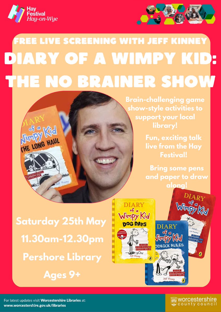 PershoreLibrary's tweet photo. Join us for a free live stream from the #HayFestival:

Diary of a Wimpy Kid: The No Brainer Show
⏰ Saturday 25th May, 11:30am

Bring some pens and paper to draw along!
#PershoreLibrary #WorcestershireLibraries https://t.co/A6H1eMv0ZR