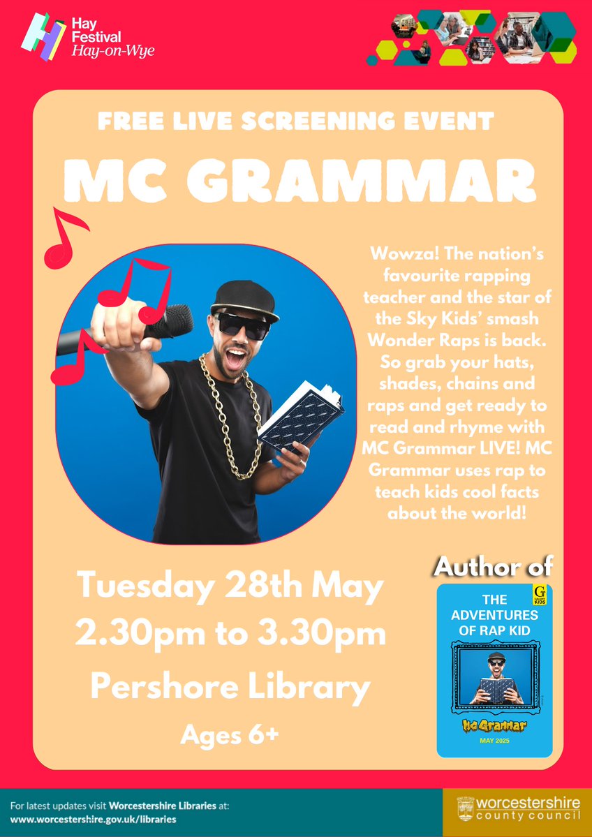PershoreLibrary's tweet photo. Join us TODAY for a free live stream from the #HayFestival:

MC Grammar
⏰ Tuesday 28th May, 2:30pm

#PershoreLibrary #WorcestershireLibraries https://t.co/8rcsXgT6rD