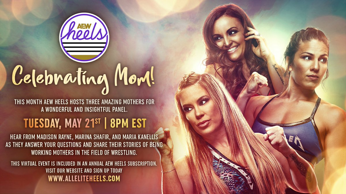 We can't wait for tomorrow! 💜💛 Join us as we hear from some incredible moms at @AEW! Our virtual event kicks off tomorrow at 8pm EST. For information on how to join, or to become a member of @AEW_Heels, just visit our website! AllEliteHeels.com