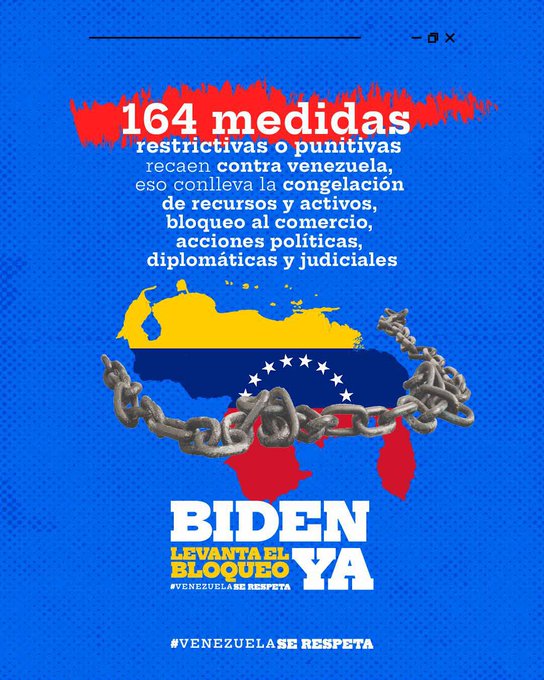 🔵Las sanciones impuestas por #EEUU a Venezuela representan un ataque sistemático en contra de las fuentes de financiamiento para nuestra economía 🇻🇪

¡No más bloqueo!

#BidenLevantaLasSancionesYa