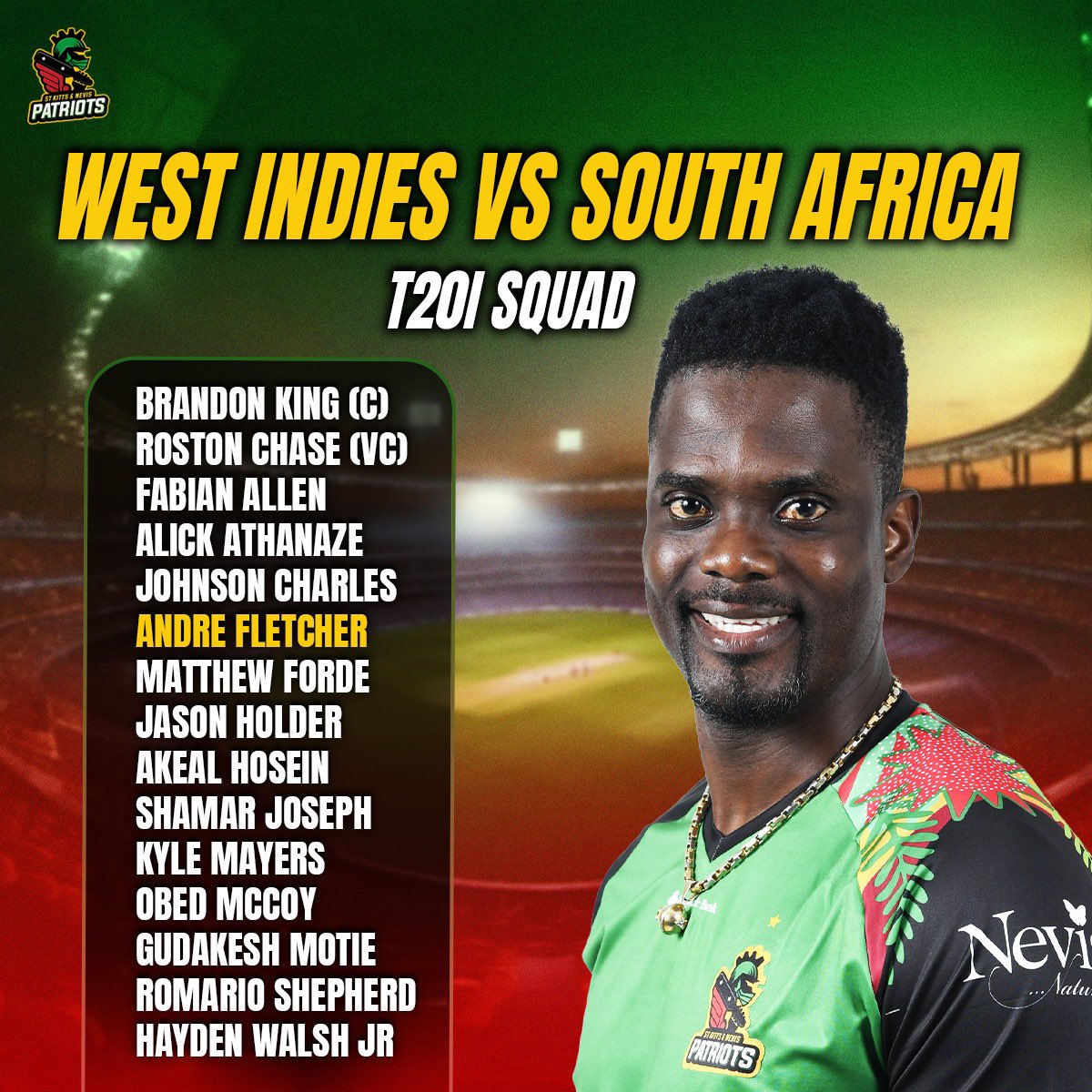 Best of luck to our Patriot, Andre Fletcher and the #MenInMaroon for the T20I series against South Africa! 

@windiescricket @AndreFletch 

#SKNP #SKNPatriots #Patriots