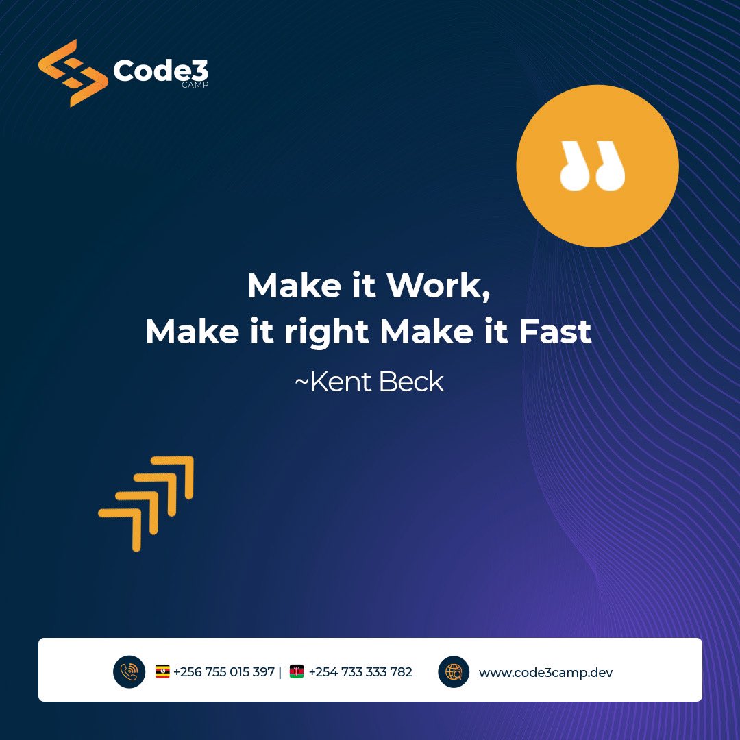 Code3Camp (@code3camp) on Twitter photo Hey Peeps! 🌞
Let's kick off the week with a simple plan: Make it work, then make it right, and finally, make it fast. You can achieve anything if you put your mind to it💪
P.S; Take charge of your dreams by enrolling 
<a href="/Code3camp/">Code3Camp</a> today
Here’s to a productive week🚀 😎
#Web3 Hey Peeps! 🌞
Let's kick off the week with a simple plan: Make it work, then make it right, and finally, make it fast. You can achieve anything if you put your mind to it💪
P.S; Take charge of your dreams by enrolling 
<a href="/Code3camp/">Code3Camp</a> today
Here’s to a productive week🚀 😎
#Web3