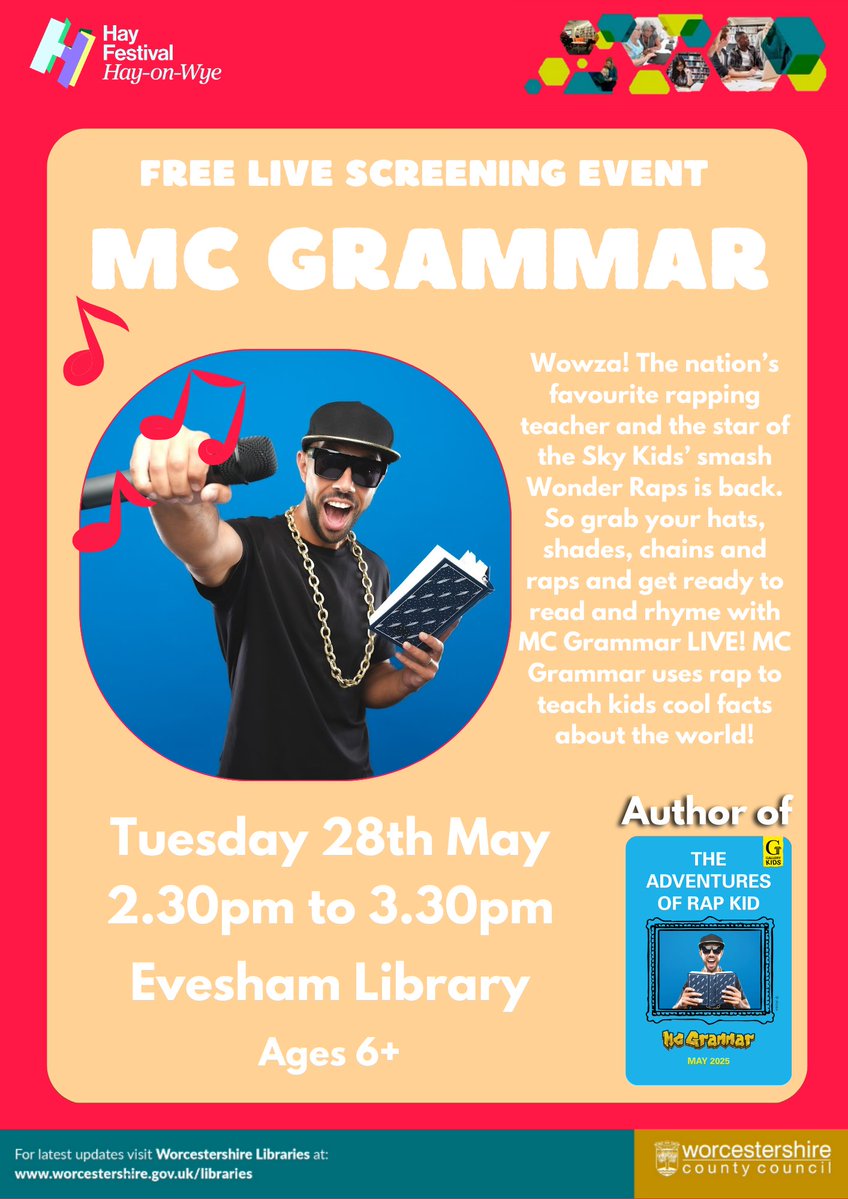 Join us for our next free live stream from the #HayFestival: MC Grammar ⏰ Tuesday 28th May, 2:30pm #EveshamLibrary #WorcestershireLibraries