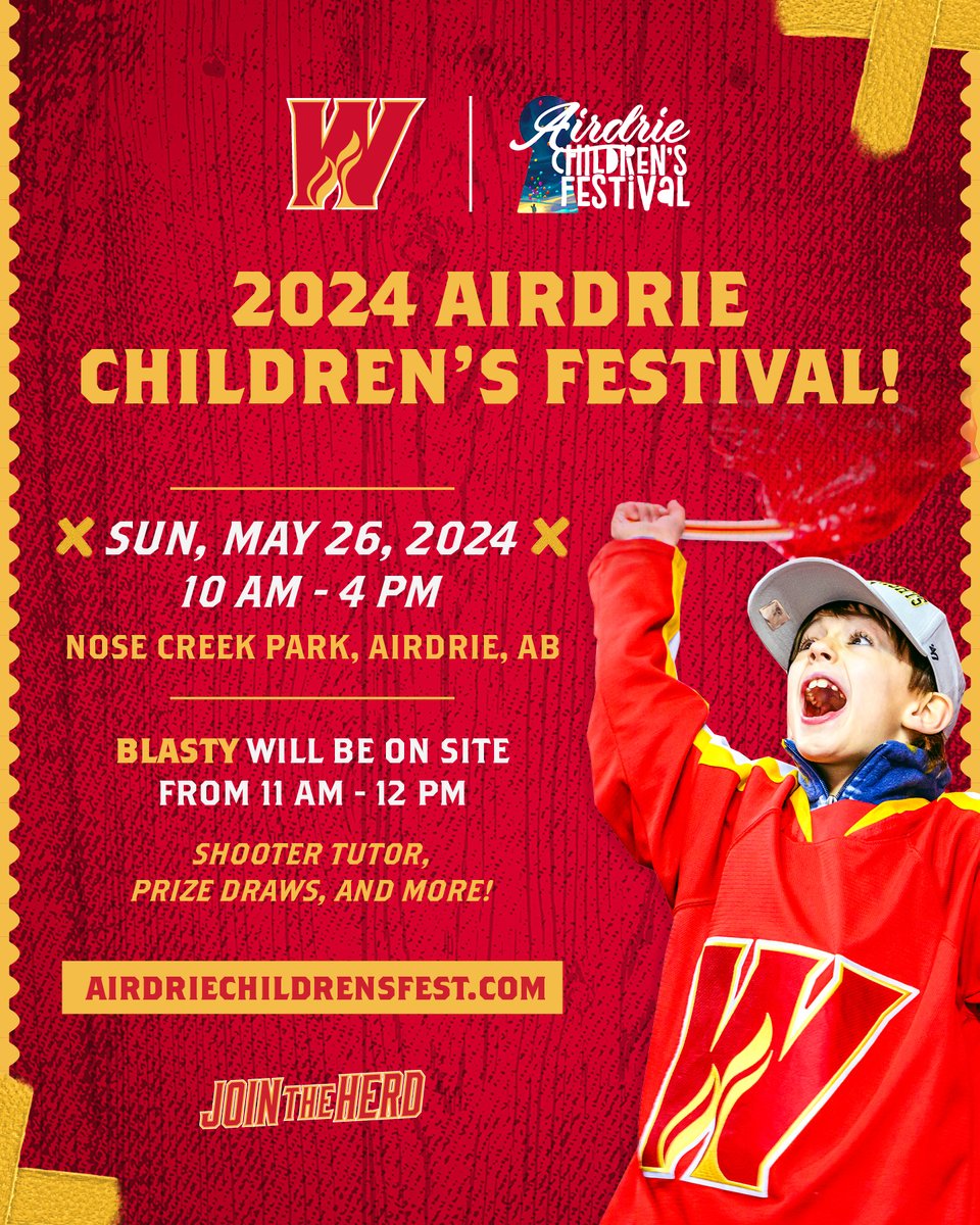 Blasty will be on site at the 2024 Airdrie Children's Festival on Sunday, May 26 from 11 AM to 12 PM! Stop by and say hi, take shots on our shooter tutor, enter to win great Wranglers prizes, and more!