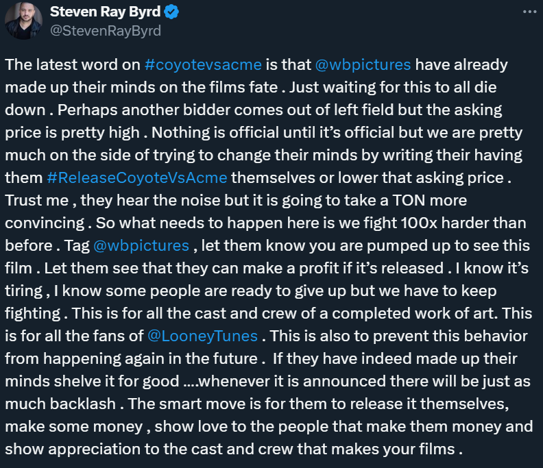 JoJoWhizzKid123's tweet photo. I really hope this means the end of this long-running nightmare. The good kind of ending, of course.

@wbpictures, please listen to those people who wish to see this movie... #ReleaseCoyoteVsAcme https://t.co/mqitu7DO8Z