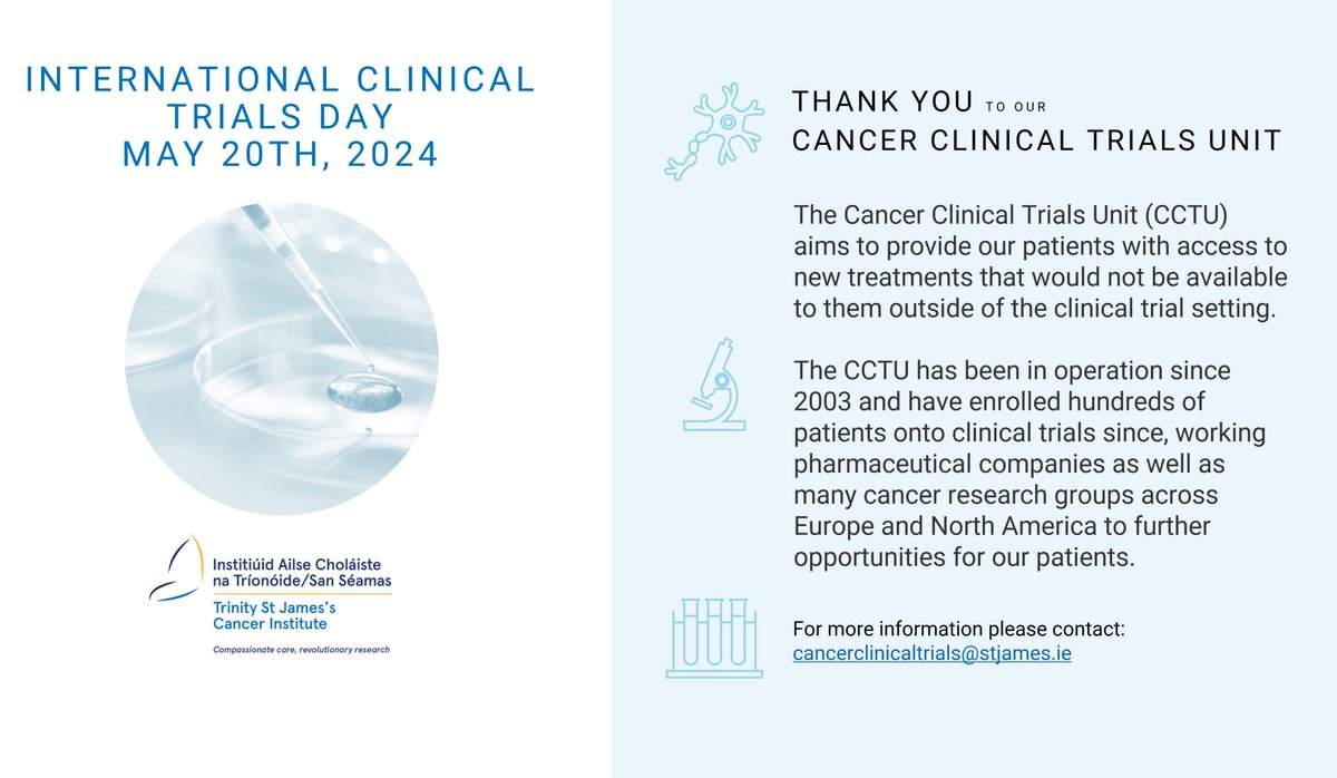 #internationalclinicaltrialsday We wish to thank our Cancer Clinical Trials team, a group of highly skilled investigators, research nurses, clinical trial coordinators, research assistants, pharmacist & team manager, utilising their skills to ensure patients have access to trials