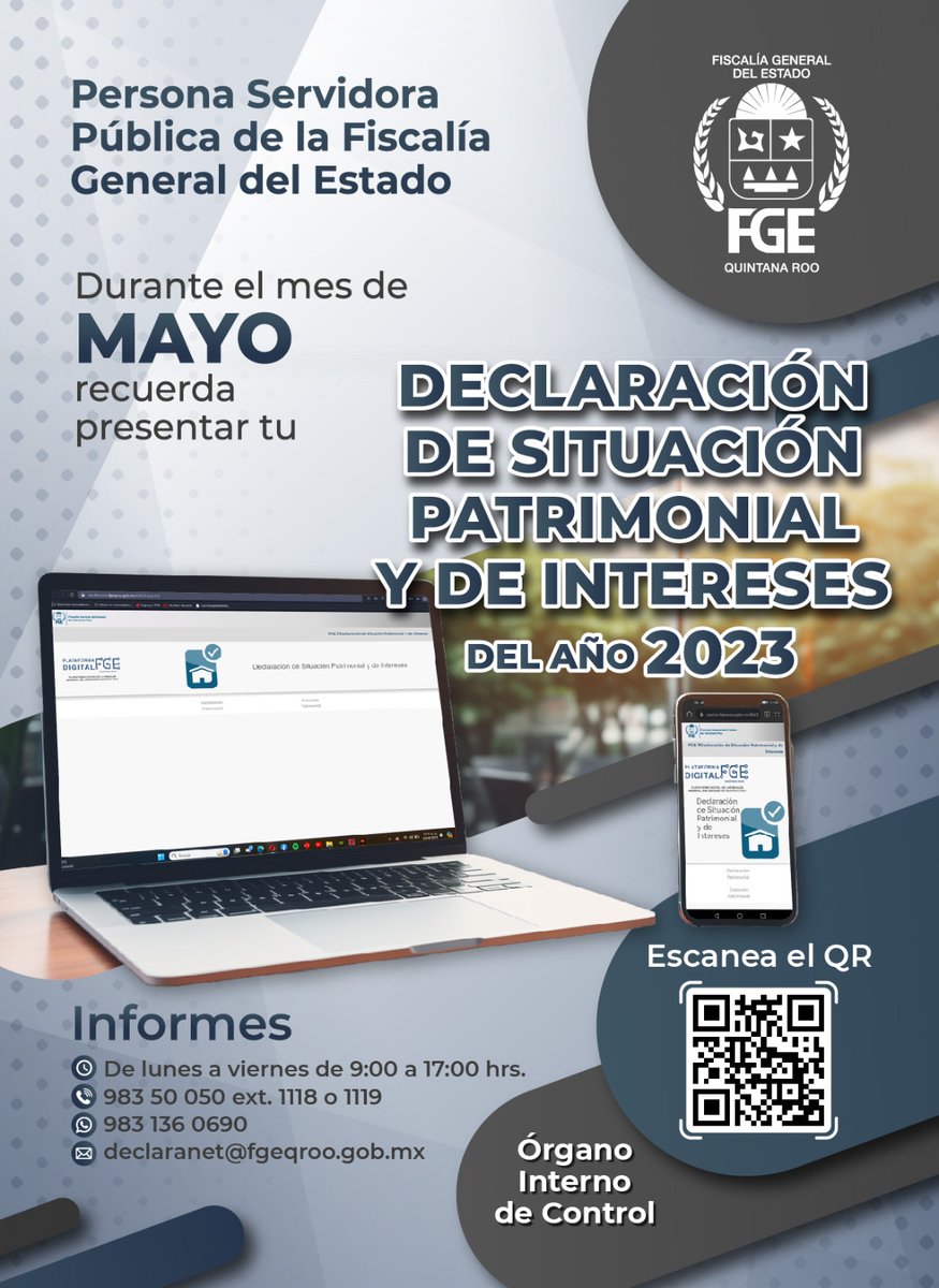 ¿Tienes alguna duda para presentar tu Declaración Patrimonial y de Intereses? El Órgano Interno de Control te brinda orientación en diversos canales. 📞 983 835 0050 ext. 1118 o 1119 📧 declaranet@fgeqroo.gob.mx Aquí puedes acceder a la plataforma 👉 tinyurl.com/yw3x5kpr