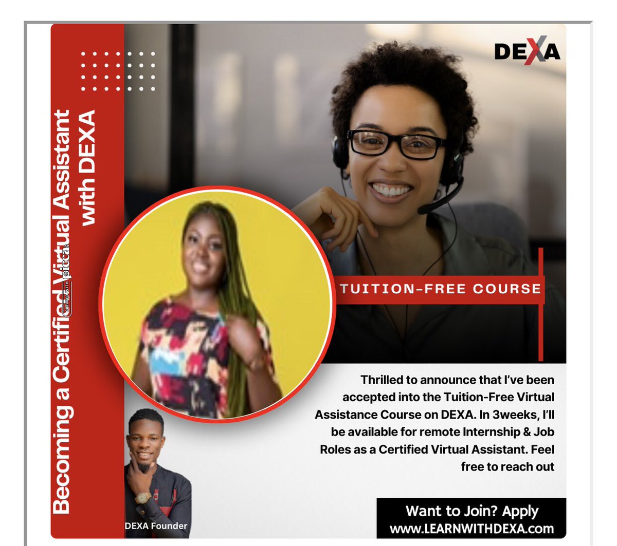 Nebechi294650's tweet photo. Thrilled to announce that I’ve been accepted into the Tuition-Free Virtual Assistance Course on DEXA. In 3weeks, I’ll be available for remote Internship Feel free to reach out.
, go to: https://t.co/yexpZTFzvy
@LearnwithDEXA #LearnwithDEXA Erin Booth &amp; Le-an Lai Lacaba) https://t.co/DPdcW2EWm7