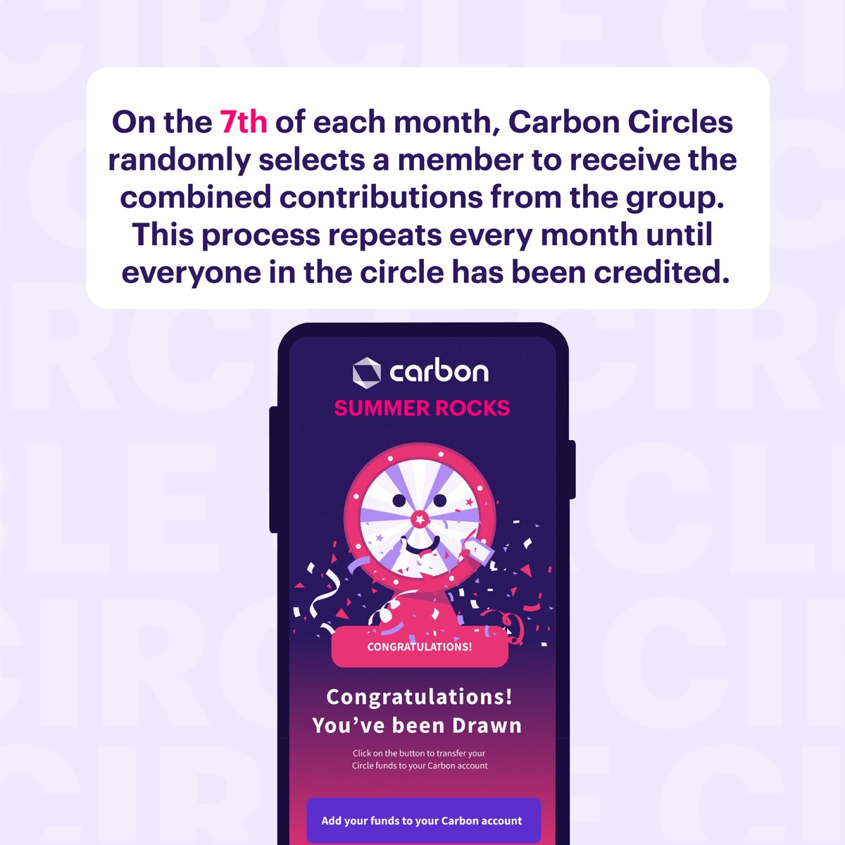 Ajo but make it digital! ✨ Carbon Circles is the modern way to save with your community. It’s smarter, faster, and way more fun.

Join a Circle today and reach your goal 9X faster

#FindYourCircle #GoFurtherTogether #BetterMoneyHabits #Money #Goals #2024goals #savings