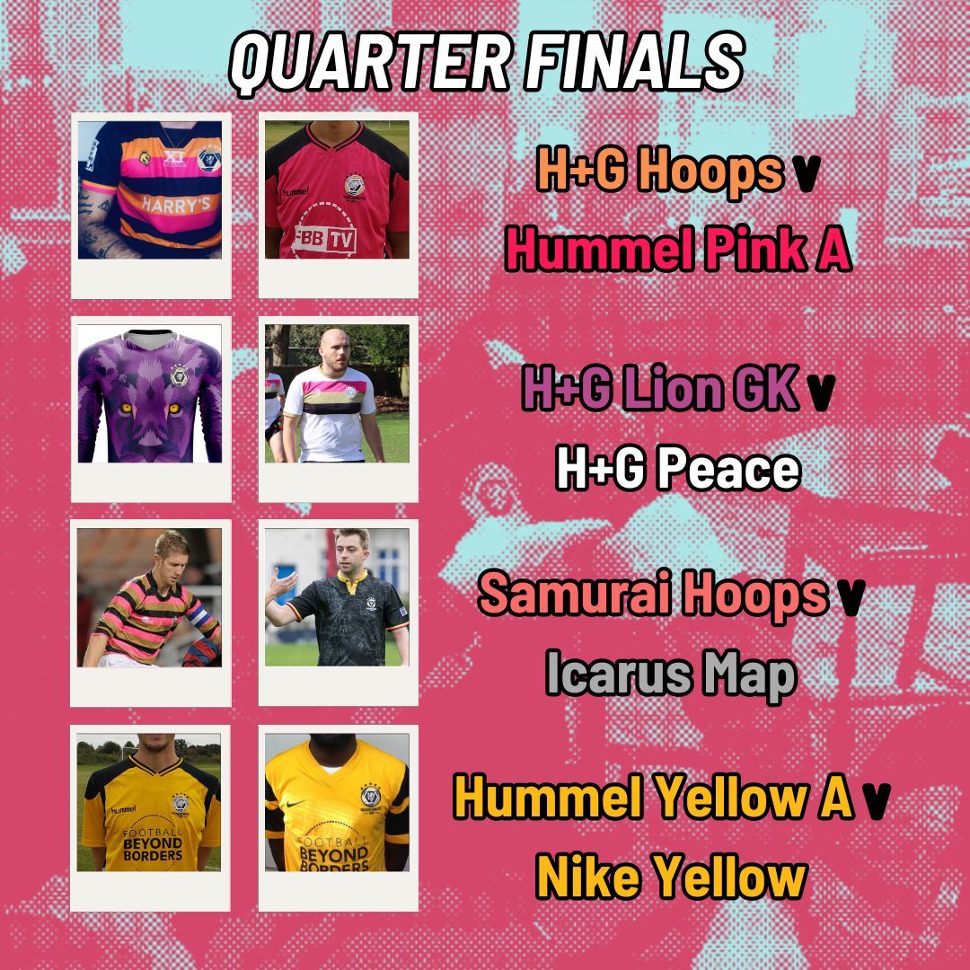 The Quarter-Final draw has taken place in the Wanderers Shirt Cup; 1. H+G Hoops v Hummel Pink A 2. H+G Lion GK v H+G Peace 3. Samurai Hoops v Icarus Map 4. Hummel Yellow A v Nike Yellow #WFC #Wanderers #TheWorldsClub #ShirtCup