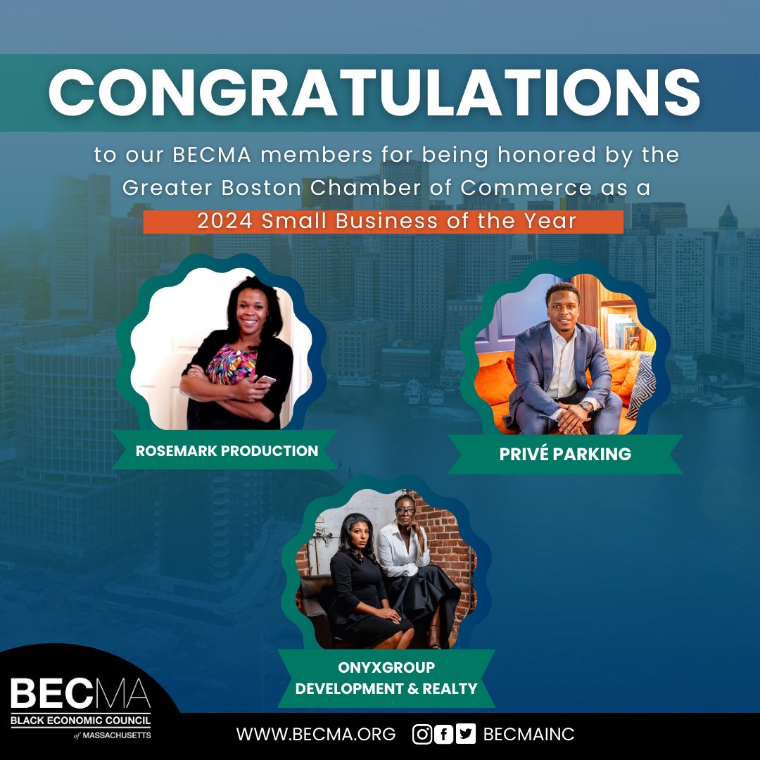 Congratulations to our BECMA members for being honored by the Greater Boston Chamber of Commerce as a 2024 Small Business of the Year! - Rosemark Production - Prive Parking - @onyxbos Learn more here: bit.ly/4bqziZN