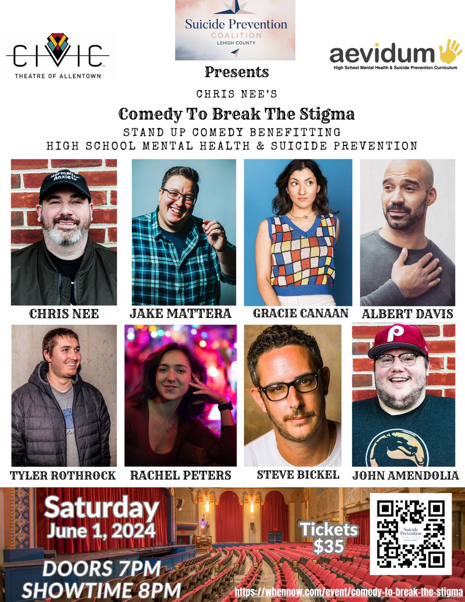 Save the date for the Suicide Prevention Coalition Lehigh County's #ComedyNight event on June 1 at the @CivicAllentown, benefiting high school mental health & suicide prevention 🎭 For more information - including tickets - see link below on the flyer ⬇️ #ResilientLV