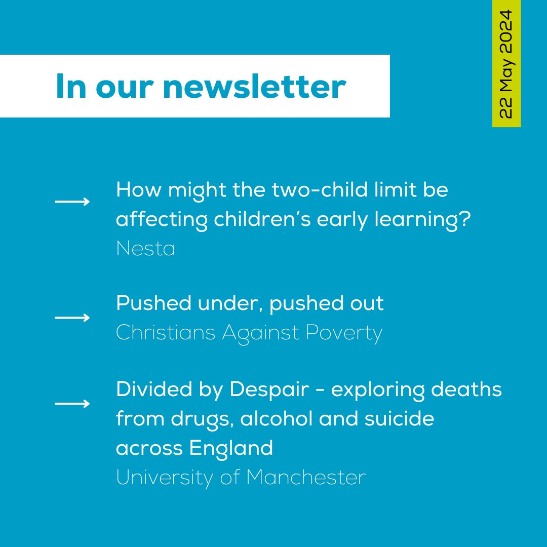 📢In today's newsletter, @nesta_uk set out findings on how the two-child limit affects learning, @KiriAdams shares @CAPuk's research on debt and poverty, and @dukester24 & @CCamacho_NHS explore regional disparities in 'Deaths of Despair'. 👉 Take a read: us11.campaign-archive.com/?u=c7eba2e3734…