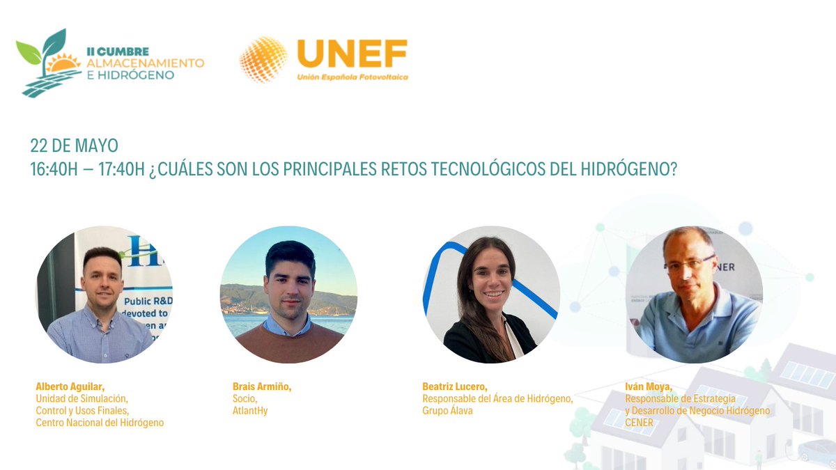 UNEFotovoltaica's tweet photo. 🟢#CumbreAlmacenamientoeHidrogenoVerde I

⁉️Principales retos tecnológicos del Hidrógeno

🔸Alberto Aguilar, @cnh2_es
🔸Brais Armiño, #AtlantHy
🔸Beatriz Lucero, @grupoalava
🔸Iván Moya, @CENER_Energia https://t.co/rDMDNDCEGG