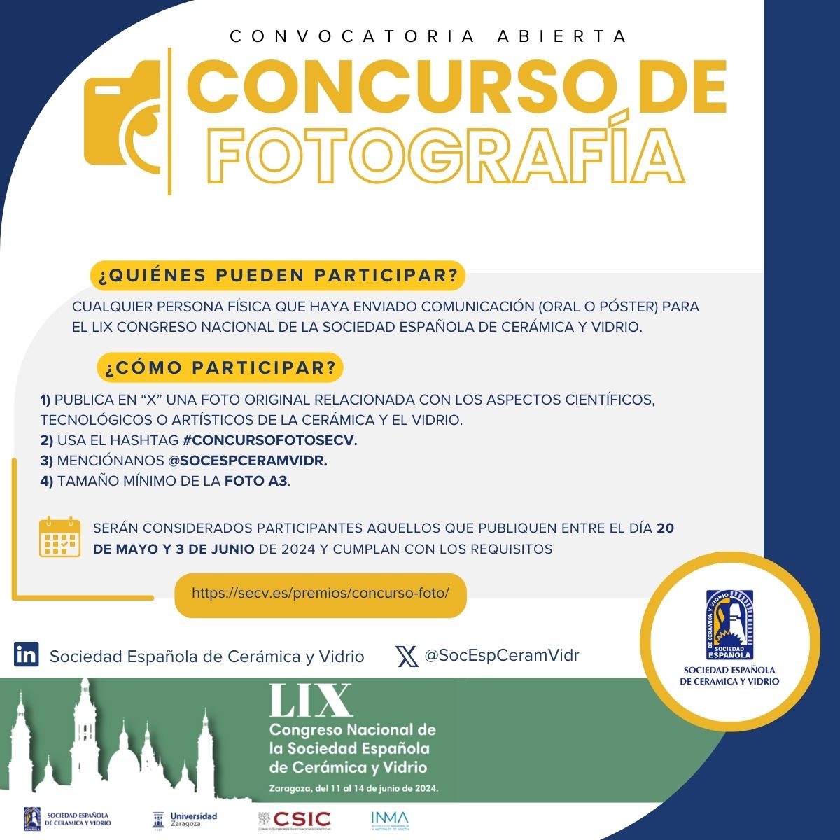 Sociedad Española de Cerámica y Vidrio (SECV) (@socespceramvidr) on Twitter photo 📣 📷 CONCURSO DE FOTOGRAFÍA
Participa colgando tu fotografía con el hashtag #ConcursoFotoSECV y mencionando a la SECV (<a href="/SocEspCeramVidr/">Sociedad Española de Cerámica y Vidrio (SECV)</a>).
💲💲 Se otorgará un diploma y un premio en metálico de 150€ a la mejor fotografía!!!
Bases: secv.es/premios/concur… 📣 📷 CONCURSO DE FOTOGRAFÍA
Participa colgando tu fotografía con el hashtag #ConcursoFotoSECV y mencionando a la SECV (<a href="/SocEspCeramVidr/">Sociedad Española de Cerámica y Vidrio (SECV)</a>).
💲💲 Se otorgará un diploma y un premio en metálico de 150€ a la mejor fotografía!!!
Bases: secv.es/premios/concur…